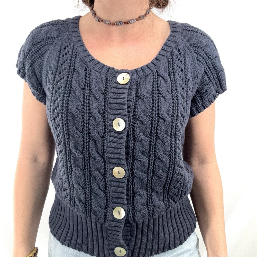 Button Front Fisherman Cardigan L Dark Academia Cottage Nautical Cable Knit Navy